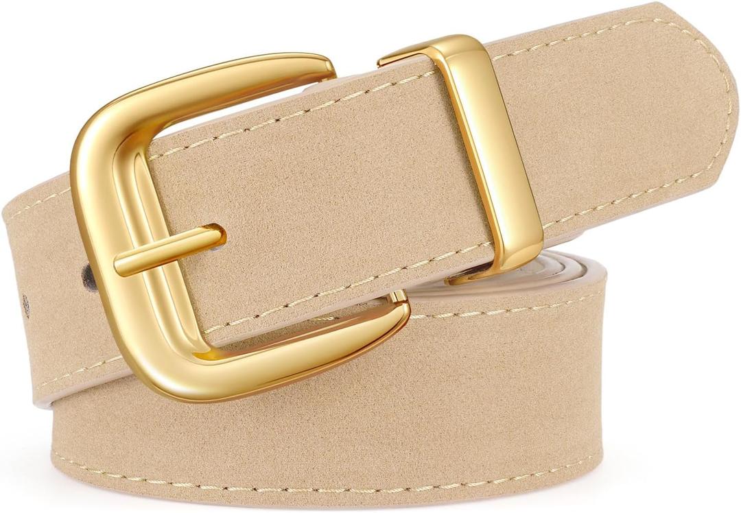 XZQTIVE Women Suede Belt for Jeans Dresses Fashion Retro Gold Buckle Ladies Waist Belts (Beige), Fit Waist Size 30"-36"