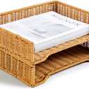 Yeaqee 2 Pcs Paper Tray Organizer for Desk Woven Letter File Organizer A4 File Tray Desk Paper Basket Letter Size Imitation Rattan Holder Organization Rack for Office Storage(Brown,Wheat Ear Pattern)