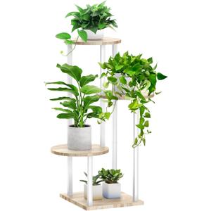 4 Tier White Metal Wooden Tall Plant Stand Indoor Shelf Flower Pot Holder for Multiple Plants, Corner Display Rack for Living Room Balcony Patio Garden