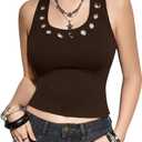 MakeMeChic Women's Y2k Grommet Eyelet Halter Tank Tops Going Out Backless Sleeveless Tops Basic Cami Crop Streetwear, XL