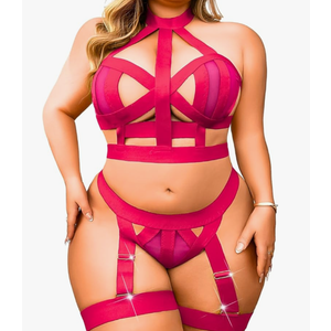 Curvy Lady's Strappy Lingerie For Women, Plus Size Exotic Garter Thong, BBW Halter Gifts For Him 3 Piece Set, Size 3XL, Red