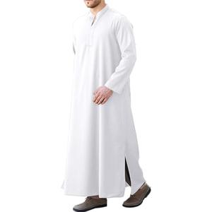 LVCBL Thobe for Men White Long Sleeve Kaftan for Men V Neck Muslim Kaftan,White,XL