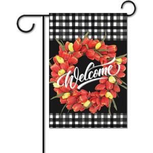 Watercolor Buffalo Check Plaid Garden Flag Tulips Double Sided Seasonal Garden Flag 40x27 Inch for Outdoor Decor Holiday Festive Yard Flags,Rustic Welcome Banner House Flag Home Decor