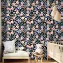 Black Floral Vintage Peel and Stick Wallpaper, Boho Colorful Renter Friendly Contact Paper for Bathroom, Kitchen, Botanical Removable Wall Decor for Cabinet, Countertop, Shelf Liner, 17.5 x 118