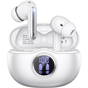 Wireless Earbuds, Bluetooth 5.3 Headphones HiFi Stereo 50H Playback LED Digital Display Ear Buds with ENC Noise Canceling Headset, IPX7 Waterproof Earphones for Gym/Running/Work (White)