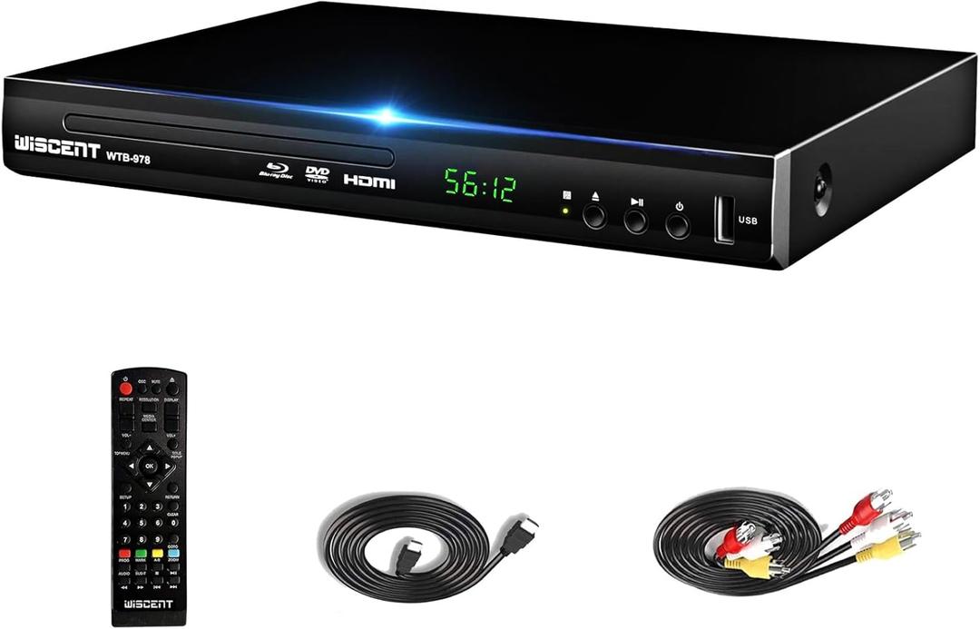 Blu Ray DVD Player, WISCENT Full HD 1080p Home Theater Disc System, Region A/1 Blu-Rays,HD Blu-Ray DVD Player for TV with Coaxial Audio/HDMI/AV/Output, USB Input, Built-in PAL NTSC