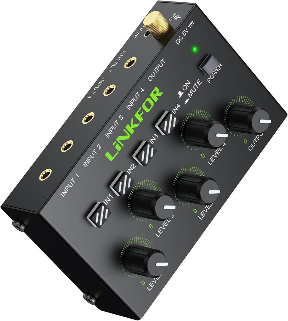 LiNKFOR 4 Channel 3.5mm Audio Mixer Stereo Audio Mixer Support RCA Input and Output Mini Active Stereo Mixer with Separate Volume Controls