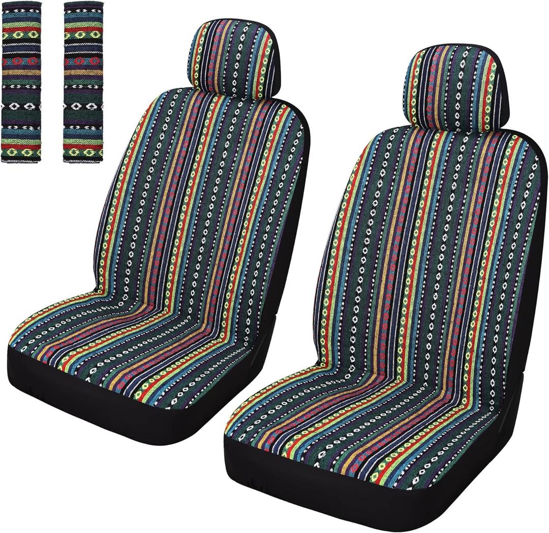 Pariitadin Baja Saddle Blanket Car Seat Covers Front Set with Seat Belt Pads, Washable Breathable Striped Woven Cloth Seat Covers for Cars, Universal Fit Most Cars, Airbag Compatible, Red/Blue