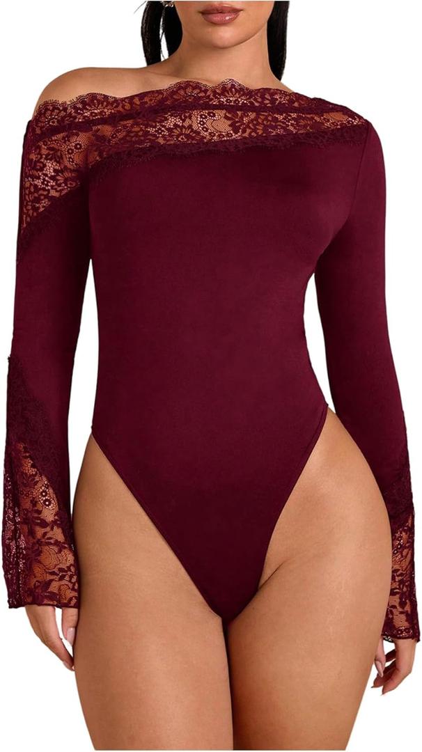 WDIRARA Women's Lace One Shoulder Long Sleeve Bodysuit Dressy Off The Shoulder Leotard Tops (Burgundy, S)