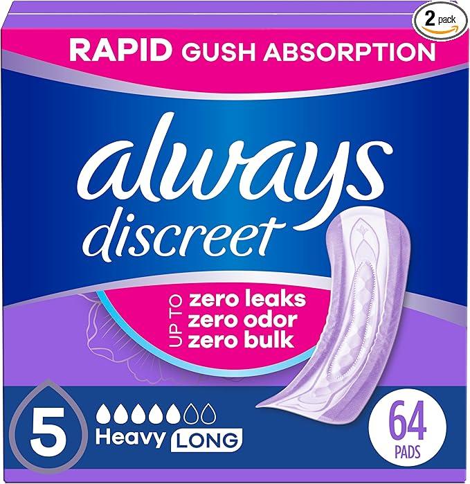 Always Discreet Adult Incontinence Pads for Women, Heavy Absorbency, Long Length, Postpartum Pads, 64 Count (2 Packs of 32)