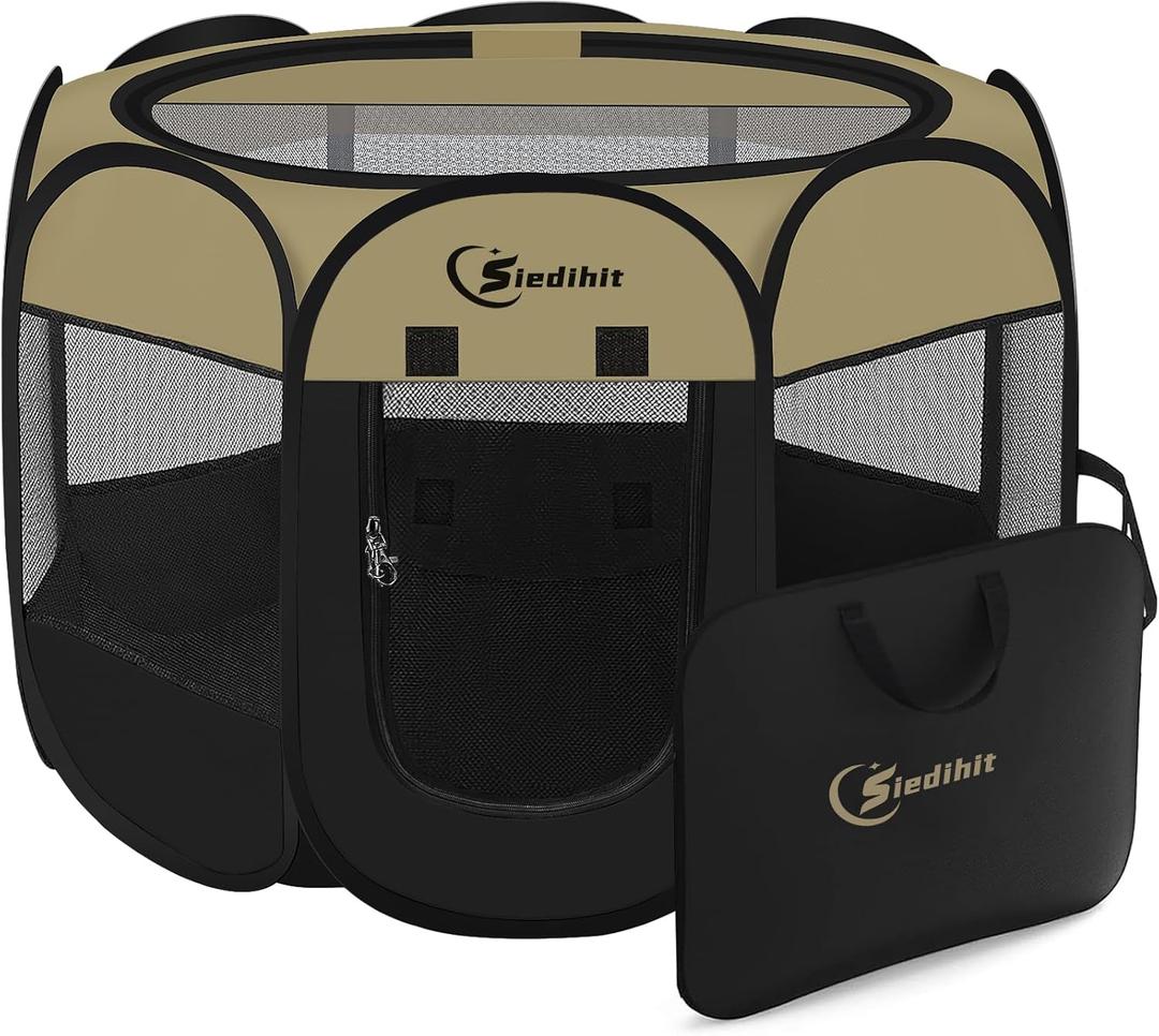 Siedihit Puppy Playpen for Small Dog Cat, Dogs Tent Crate Cage | Indoor/Outdoor, Portable Pop Up Dog Kennel with Carrying Bag for Rabbits(Black Khaki, Small)