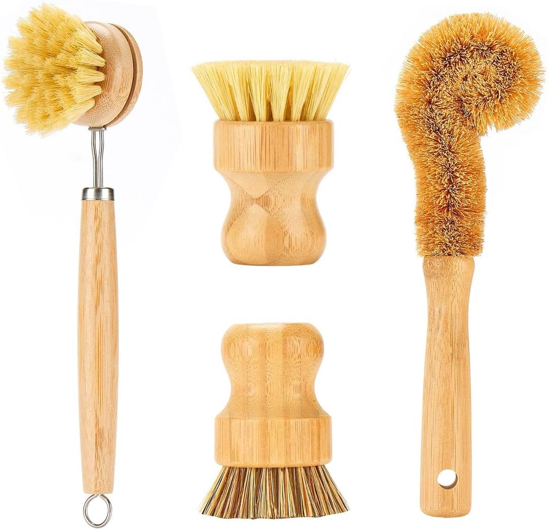 SAMEBUTECO Bamboo Dish Brushes Sets 4 Tools in One Kitchen Clean Dish Scrubber for Pots Pans Bottles with Natural Bristles (Bamboo Brushes Sets)