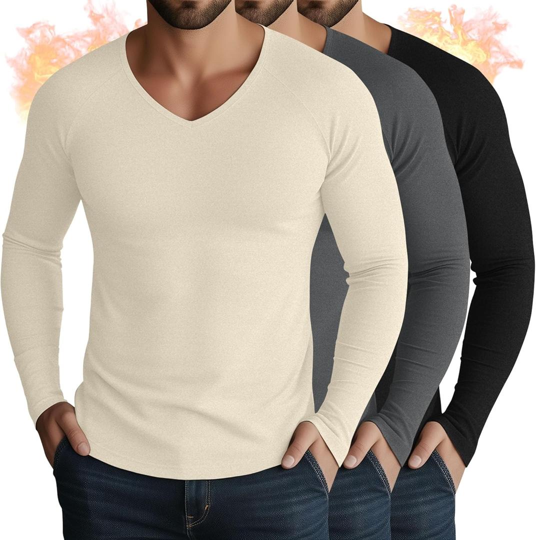 3 Pack Men's Thermal Shirts Big and Tall Fleece Lined Long Sleeve V Neck Base Layer Raglan Curved Hem Warm Tops (XXXL)