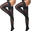MANZI Shiny Thigh High Stockings Sexy Lace Top Stay Up Silky Sheer Stocking Shimmery Tights for Women 2 Pairs Pack (Black)