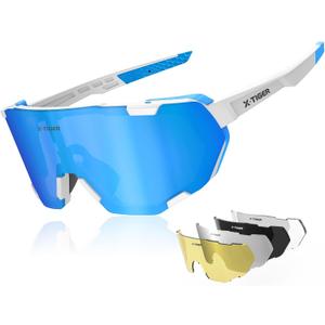 X-TIGER Polarized Cycling Glasses Men Women 5 Interchangeable Lenes UV400 Sports Sunglasses Baseball Running Fishing (White&Blue-5 Lens)