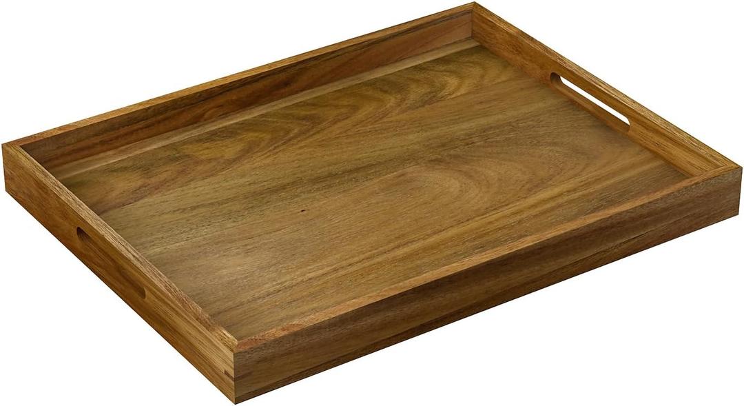17 inch Acacia Wood Serving Tray with Handles, Decorative Display Tray for Coffee Table, Breakfast in Bed, Food Dinner