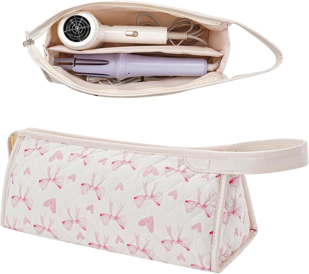Large Quilted Hair Tools Travel Bag,Aesthetic Hair Styling Accessories Storage Case for Flat Irons,Straightener,Curling Iron,Hair Dryer,Portable Organizer08Heart Bow