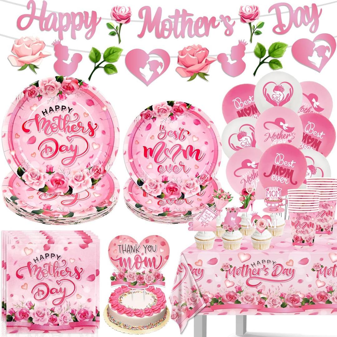 Mother's Day Plates and Napkins Set Pink Floral Happy Mothers Day Decorations Including Banner Cups Balloons Cake Toppers for Best Mom Day Party Supplies