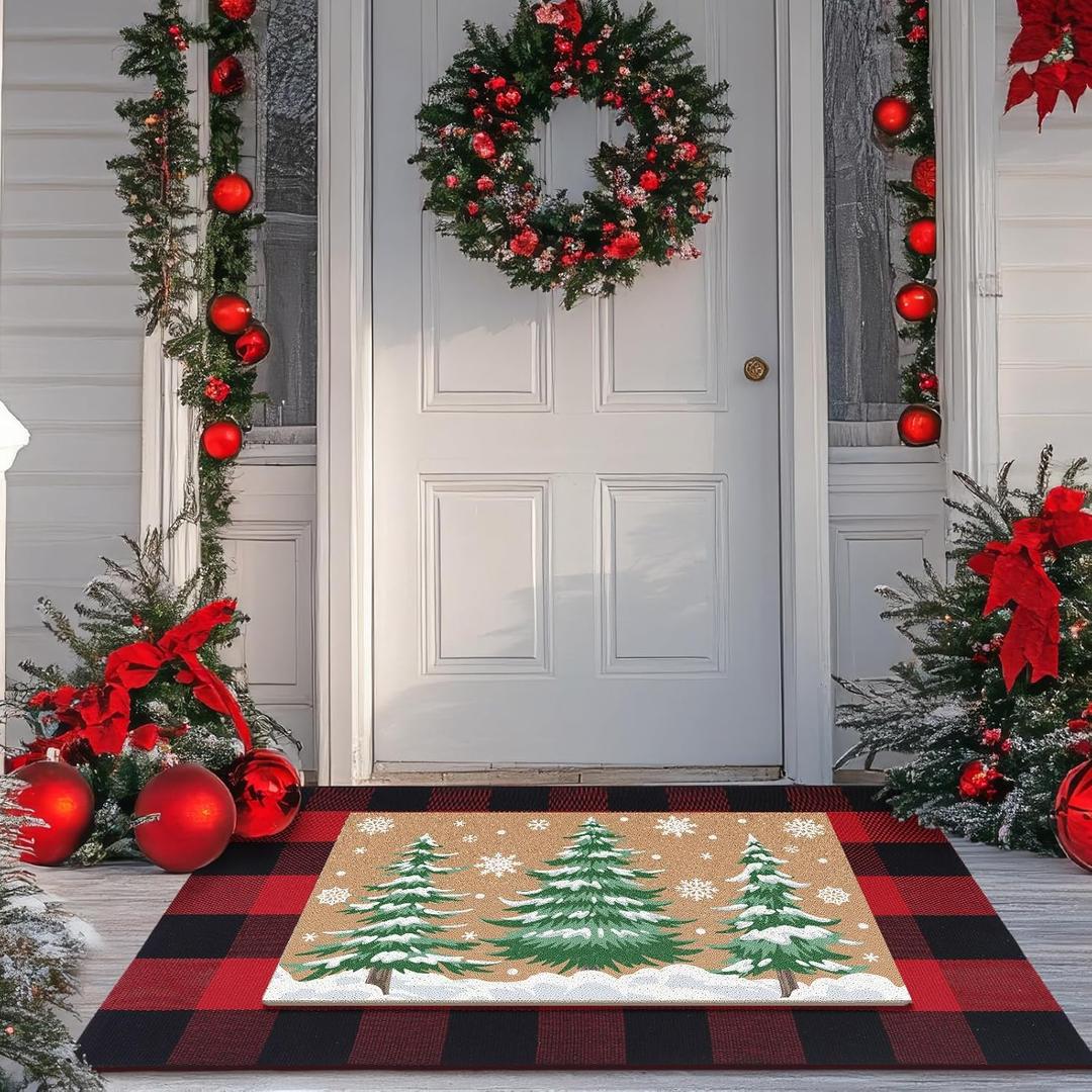 FuWeave 2 Pcs Christmas Doormats with Outdoor Rug Christmas Tree Door Mat Combo Set 100% Coir Welcome Mat and 27.5"x 43" Buffalo Plaid Layering Rug for Xmas Holiday Christmas Outdoor Front Porch Decor (Red and Black)