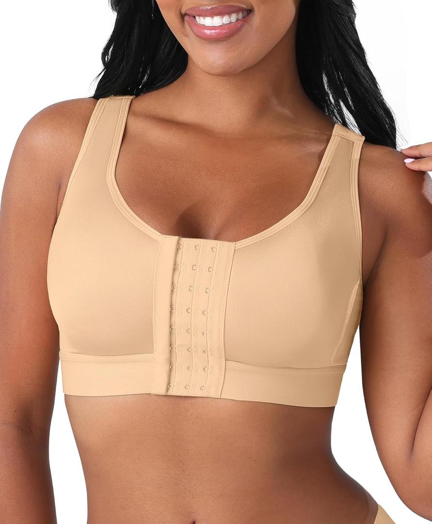 FeelinGirl Front Closure Post Surgical Compression Bra for Women with Removable Breast Support Band Saddle Brown S