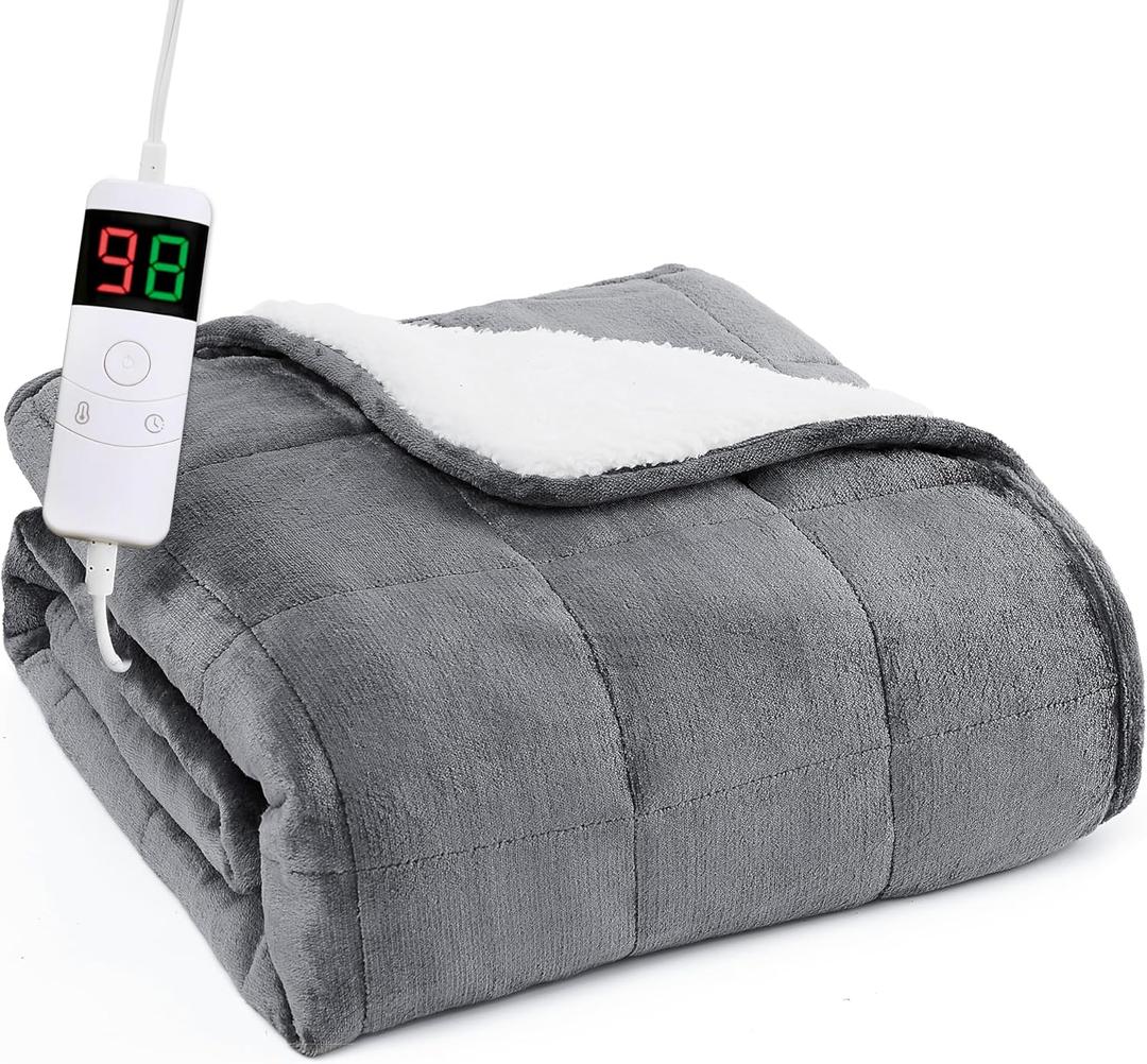 L'AGRATY Heated Weighted Blanket for Adults - 62"x84" 20lbs Electric Throw Fast Heating Heavy Blanket 1/2/4/6/8 Hour Auto Off 10 Heat Levels Over-Heat Protection Soft Flannel Sherpa