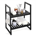 VVW 21.6 Inch Bamboo Shower Bench Seat Chair Stool with Arms for Inside Shower, Heavy Duty Spa Bath Chair with 2 Movable Hooks, Non-Slip Feet for Bathroom Accessories (Black)