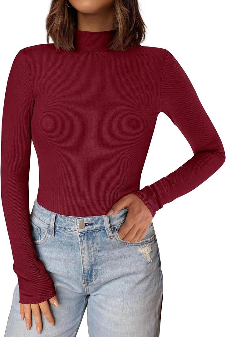 PRETTYGARDEN Women's Turtleneck Long Sleeve Shirts 2026 Fall Basic Tees Ribbed Fitted Tops Thermal Layering Knit Top Clothes (Medium, Wine Red)