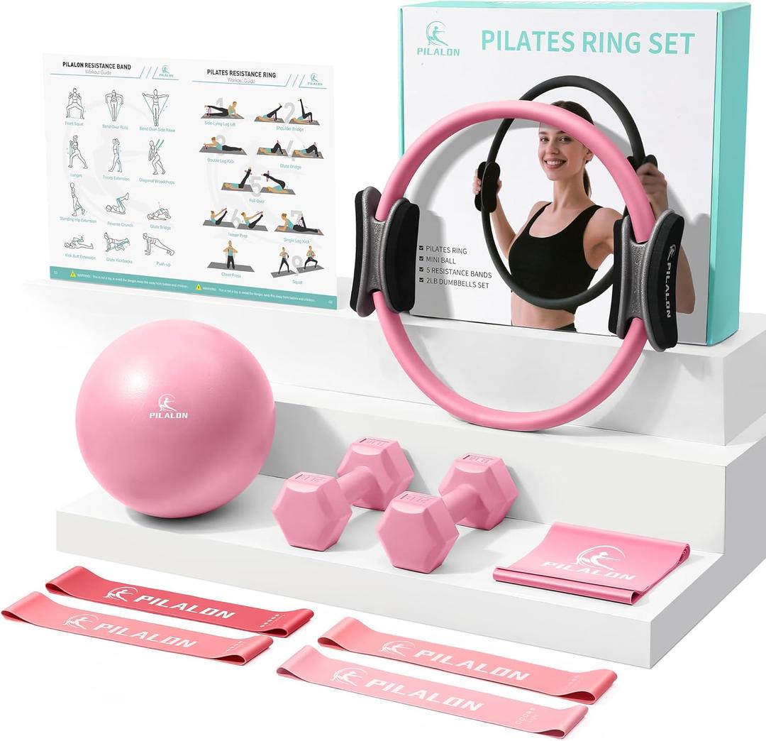 Pilates Ring Set - Studio-Grade Anti-Deformation Pilates Kit - Pilates Equipment for Home Workout - 14'' Pilates Ring, Pilates Ball, 2 Dumbbells, 5 Resistance Bands for Toning Arms, Thighs