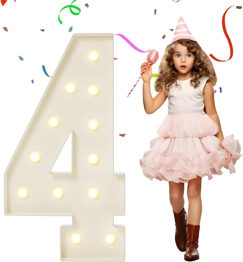 4FT Marquee Numbers, Large Light Up Numbers 4 for 4th 14th 40th Birthday Party Decorations, Giant Light Up Number for Anniversary Decor, 4 Feet Mosaic Number 4 with LED Lights DIY Kit