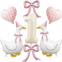 One Silly Goose 1st Birthday Decorations Girl 40 Inch Number 1 Balloon, Goose Balloons with Pink Bow & Hats, Cute Baby Girl First Birthday Party Supplies