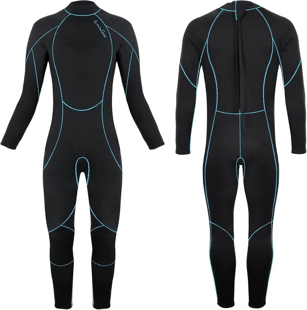 OMGear Kids Wetsuit 3mm Full Suit Neoprene Swimming Suit Long Sleeve Diving Suit Thermal Swimsuit for Children Boys Scuba Diving Surfing Snorkeling (Black/ Aqua, 8)