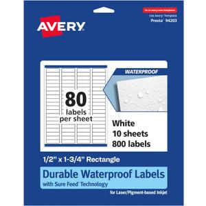 Avery Printable Durable White Rectangle Labels, Sure Feed Technology, 0.5" x 1.75", Waterproof Labels, Laser & Pigment-Based Inkjet Compatible, 800 Total
