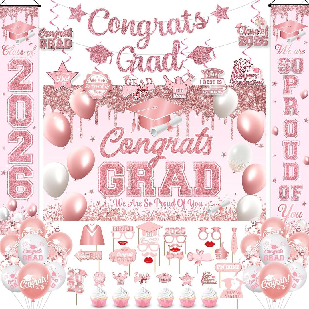Pink Graduation Decorations 2026, Class of 2026 Decorations, Pink Graduation Decorations 2026 Include Backdrop, Proch Banner, Balloons, Hanging Swirls, Photo Booth, Cupcake toppers