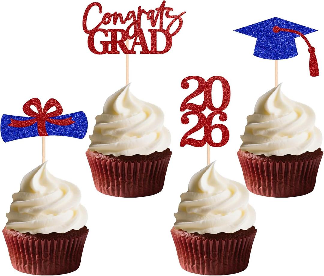 Double-sided 36 PCS Graduation Cupcake Toppers Red Blue Class Of 2026 Cupcake Picks For Graduation Theme Party Decorations Supply, 4.7 inches by 7 inches
