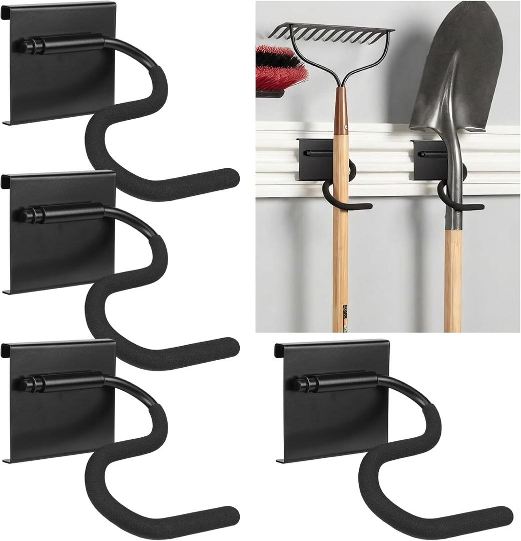 Frienda 4 Pack S-Hooks for Wall Storage System, Heavy Duty Curved Pivot Garage Hooks with Non-Slip Coating for Long Handle Tools Compatible with Craftsman Versatrack Garage Storage System