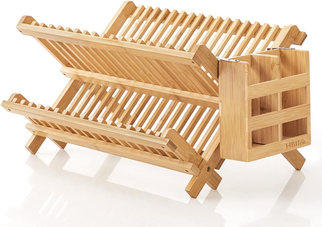 HBlife 2pcs Bamboo Dish Plate Bowl Cup Book Pot Lid Cutting Board Drying Rack Stand Drainer Storage Holder Organizer Kitchen CabinetKeep Dry