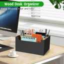 Black Pen Holder for Desk with Adjustable Bamboo Dividers, 5-Slot Wooden Pencil Holder for Desk, Small Remote Control Holder Office Supply Organizer for Bills, Mails, Makeup Brushes