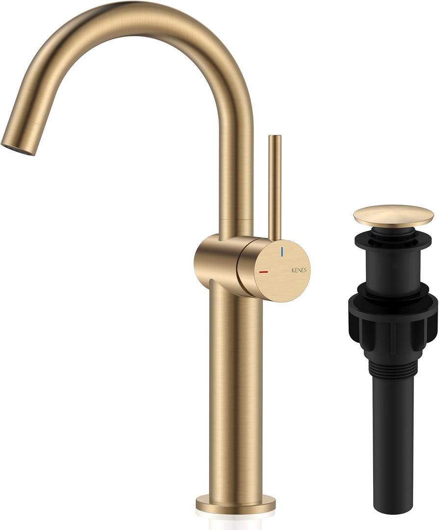 KENES Champagne Bronze Vessel Sink Faucet, Single Handle Gold Tall Bathroom Faucet Single Hole, Bathroom Vanity Faucet with Pop Up Drain and Supply Lines, KE-9005C-CB
