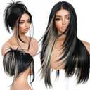 BrownBomb Black Blond Skunk Stripe Wear and Go Glueless Wigs Pre Plucked Pre Cut for Beginners Synthetic Lace Front Wigs With Bangs Long Straight layered Wigs Highlights 26 Inch 3 Seconds to Wear
