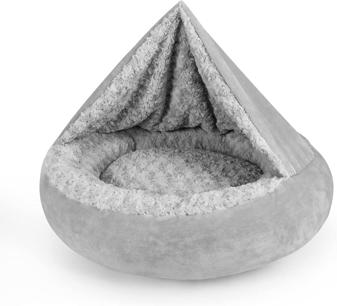 JOEJOY Dog Beds for Small Medium Dogs, Cozy Cuddler Luxury Puppy Pet Bed with Blanket Attached, Donut Round Calming Anti-Anxiety Dog Burrow Cave Bed - Anti-Slip Bottom and Machine Washable 26 inch (Grey)