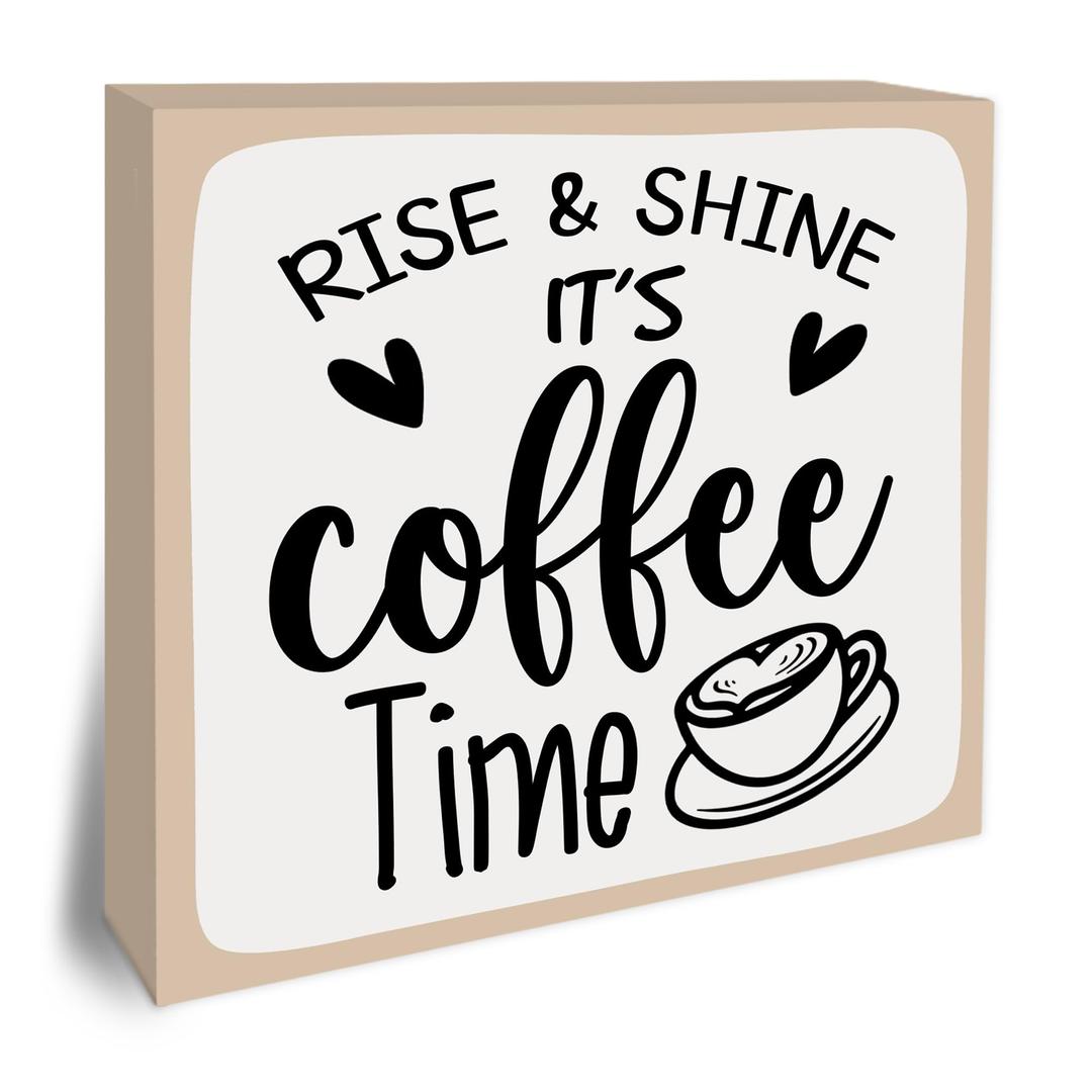 4 x Rise & Shine It’s Coffee Time Wooden Block Plaque - Brown & Gray Tabletop Sign Decor For Friend Family Coworker - 5"x5" Room Cafe Coffee Bar Wood Block - Funny Desk Gifts Favors & Supplies - A08