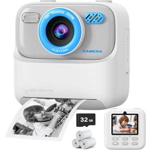 Kids Instant Digital Cameras for Boys and Girls, 1080P HD Dual-Lens Selfie Digital Camera with Print Paper & 32G Card, Christmas Birthday Gifts Toys for Toddler and Teenagers Age 3-16 Years Old (White)