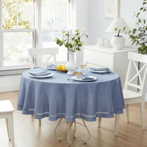 Newbridge Thanksgiving Holiday Fabric Round Tablecloth, 70 Inch, Provence Lattice Cutwork Solid Color Textured, Water and Stain Resistant Easy Care Fabric Table Cloth for Parties, Wedgewood Blue
