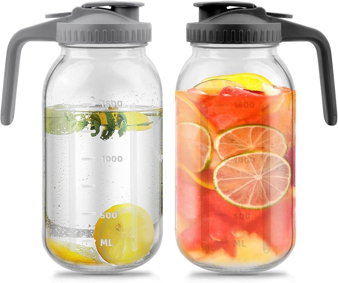 64 Oz Glass Pitcher with Lid 2 Pack, 2 Quart Heavy Duty Cold Brew Pitcher, Leak-Proof, Wide Mouth Mason Jar with Pouring Airtight Lid,Ideal for Fridge Storage(pack of 2) (Black & Grey)