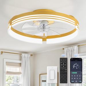 Low Profile Ceiling Fans with Lights and Remote, 20 Inch Flush Mount Ceiling Fan with Light, 3000K-6000K Dimmable Fandelier LED Fan Light, 6 Wind Speeds Gold Ceiling Fans for Bedroom