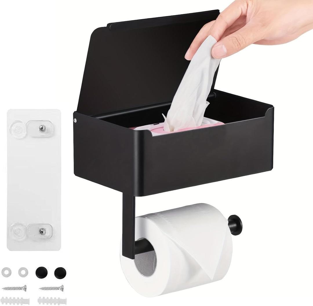 Toilet Paper Holder with Shelf,Rustproof Flushable Wipes Dispenser,Self Adhesive Drilling Toilet Paper Holder Wall Mount,Tissue Holders with Storage,Wipe Holders for Bathroom(Single roll)