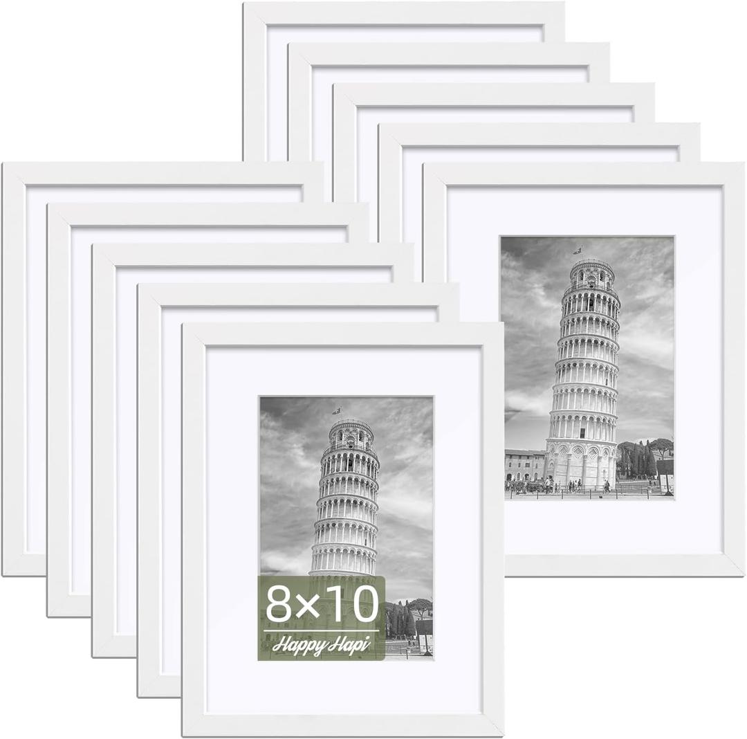 HappyHapi 8x10 Picture Frames Set of 10, 5x7 with Mat or 8x10 Without Mat, Tabletop or Wall Display for Photos, Paintings, Posters, ArtworkWhite, 10 Pack