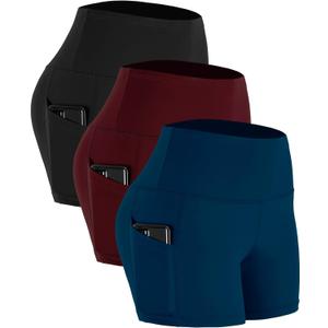 CADMUS High Waist Athletic Shorts for Womens Yoga Fitness Running Shorts with Deep Pockets (Medium, Pack of 3:16# Burgundy & Navy & Black)