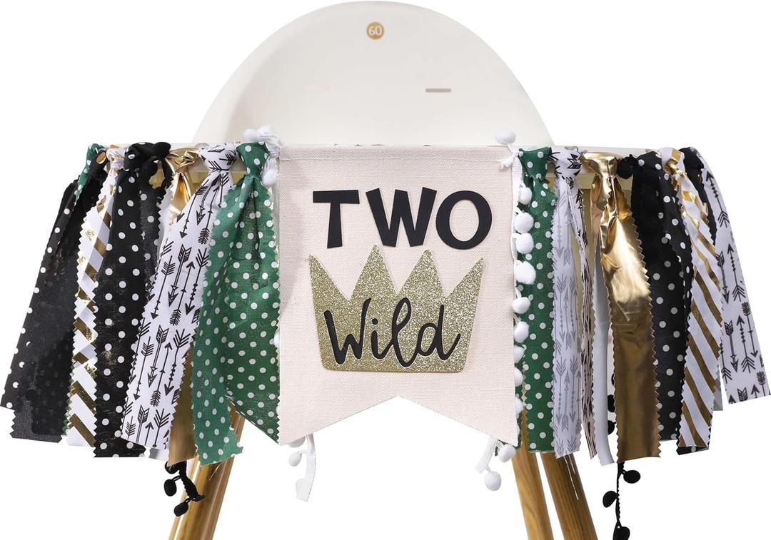 Wild Safari Highchair Banner - Jungle Party Decor for 2nd Birthday Boy, Woodland Birthday High Chair Banner, Photo Props