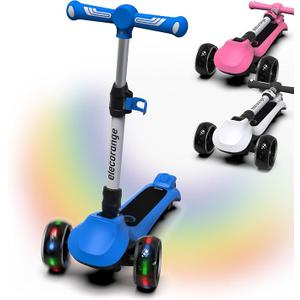 Elecorange T200 Electirc Scooter for Kids, Light Up Big LED Wheels, Flashing Deck, Adjustable Heights, 3 Wheeled Scooters, Balance Training Scooter for Kids 3-7, 4-6, 3+, Blue